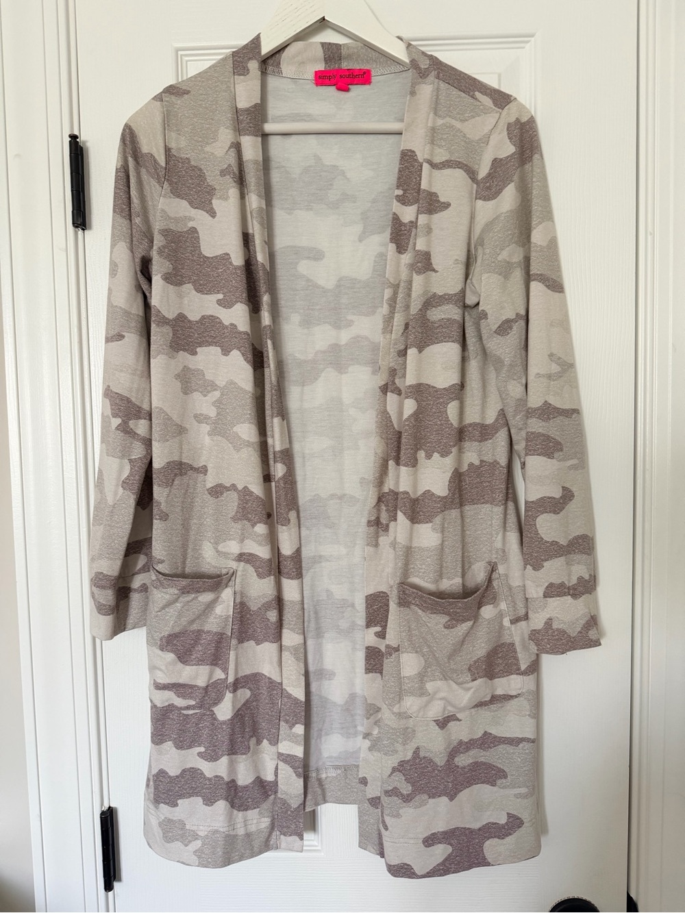 Simply Southern Camo Cardigan S/M Lightweight Open Front Longline Pocket Duster